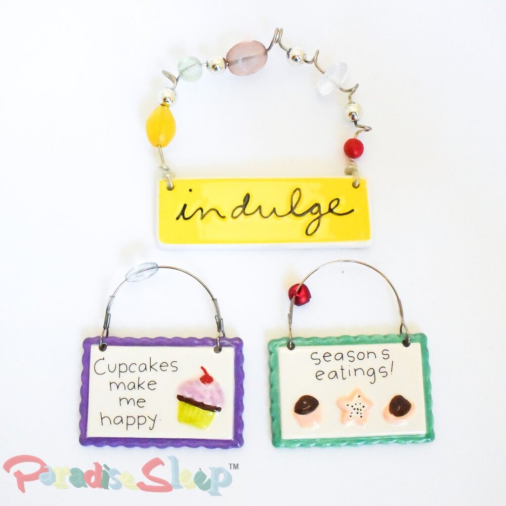 Dessert & Bakery Ceramic Plaque Ornament Lot of 3 - "Indulge" Beaded Hanging